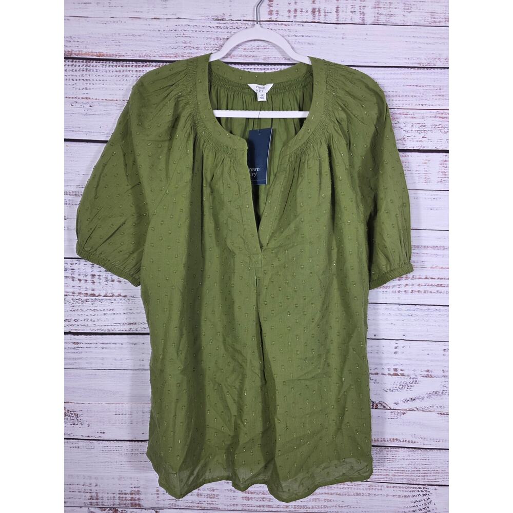 Crown & Ivy Plus 2X Olive Green Peasant Blouse Women's NWT Boho Top